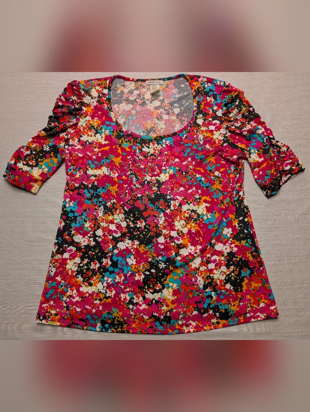 Forever Jade Top Multicolored Watercolor With Distinctive Ruched Sleeve XL